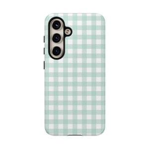 Green Gingham Phone Case, Mint Plaid Print Mobile Cover image 6