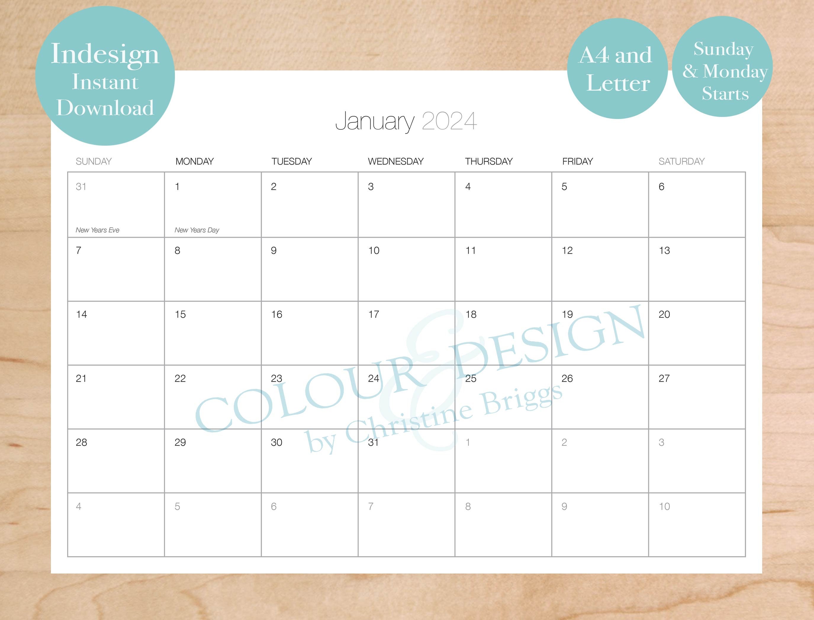 2025 Editable Indesign Calendar Template. Printable 13 Month Calendar