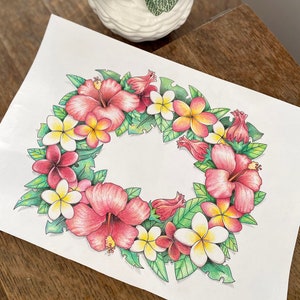 Tropical Flower Wreath Coloring Page, Hawaiian Lei Design (Printable PDF) image 5