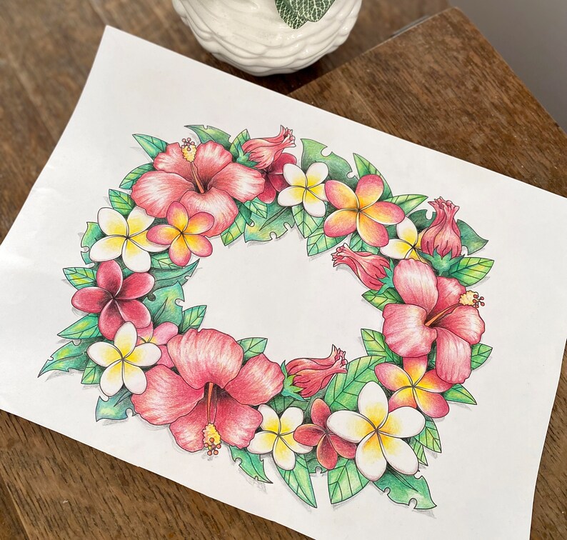 Tropical Flower Wreath Coloring Page, Hawaiian Lei Design (Printable PDF) image 5