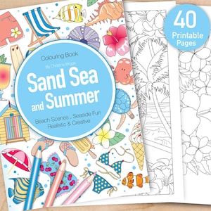 Libro para colorear de playa imprimible, hojas para colorear de arena, mar y verano para adultos, 40 páginas en PDF, descarga digital, tamaño carta y A4.