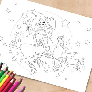 Página para colorear de bruja de Halloween, linda bruja y gato negro imprimible, página para colorear de brujas, hoja de actividades de luna espeluznante, tamaño A4 y carta