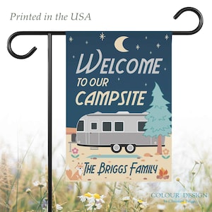 RV Camping Welcome Flag, Airstream Trailer Owner Camp Flag, Personalized Campsite Sign, Camper Family Gift, Custom Name Banner (Flag Only)