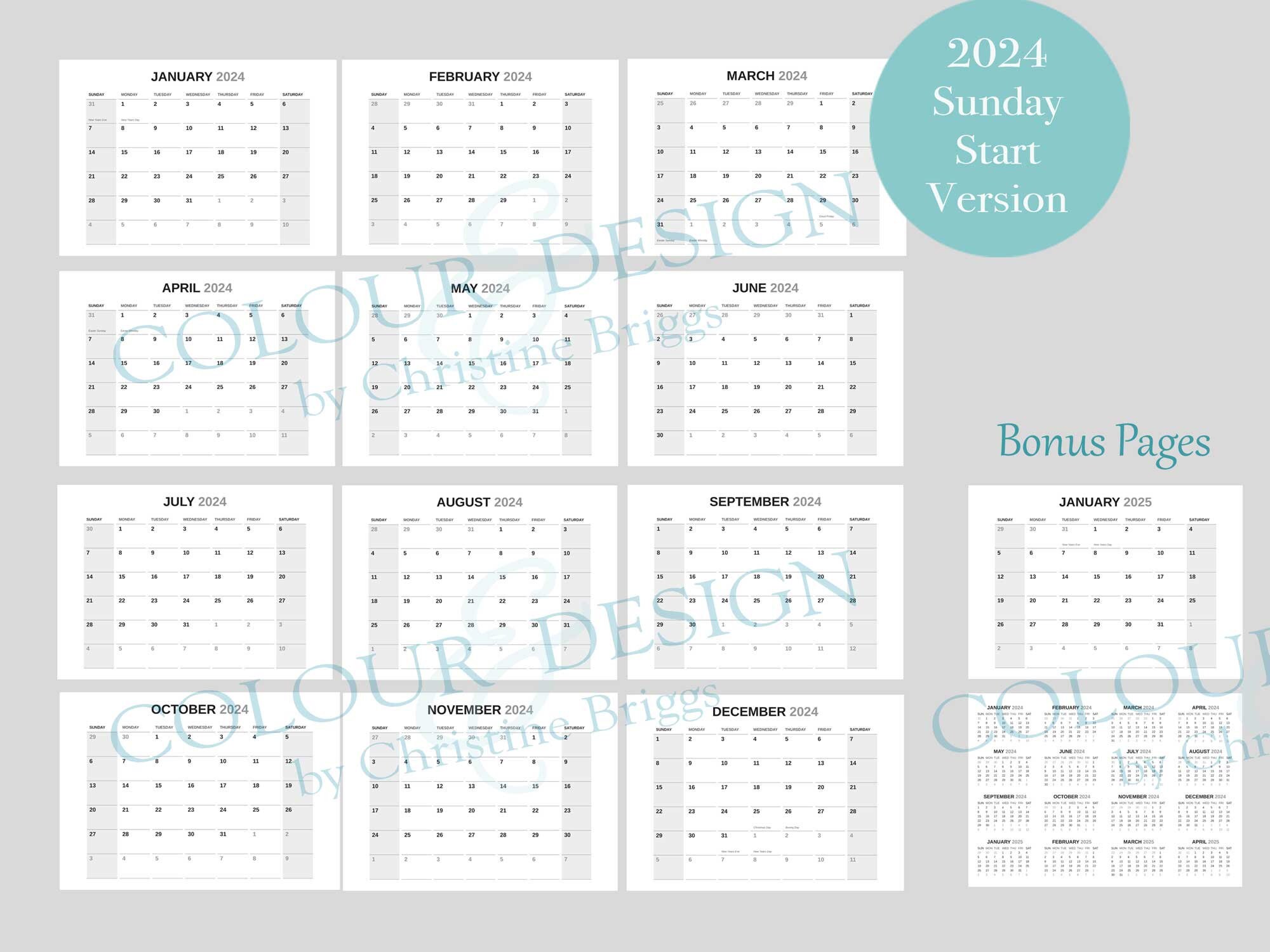 2025 Printable PDF Calendar. 13 Month Planner, Year at a Glance, Monday and Sunday Start, A4 and