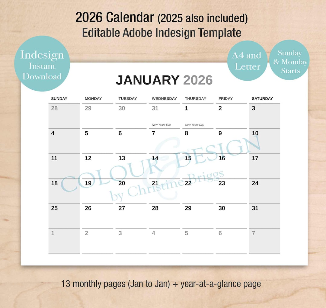 2026 Editable Indesign Calendar Template, DIY Adobe Monthly Planner for