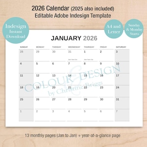 Modelo de calendário editável Indesign 2026, planejador mensal Adobe DIY para designers gráficos, início de domingo e segunda-feira, A4 e carta, inclui 2025