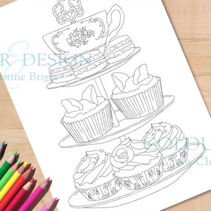 Página para colorir cupcakes. Bolo para chá da tarde, xícara de chá para imprimir - Folha de atividades para colorir para adultos, tamanho A4 e tamanho carta.