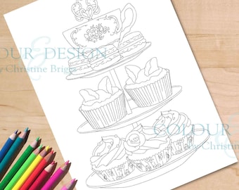 Cupcake Coloring Page. High Tea Party Cake Teacup Printable -  Downloadable Adult Colouring Activity Sheet, A4 and US Letter