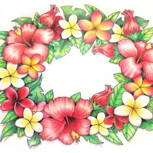 Tropical Flower Wreath Coloring Page, Hawaiian Lei Design (Printable PDF) image 3