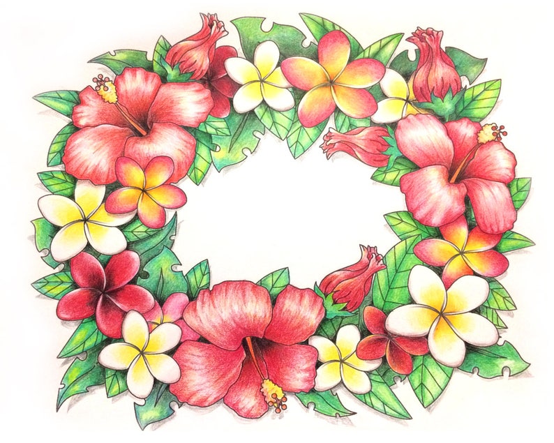 Tropical Flower Wreath Coloring Page, Hawaiian Lei Design (Printable PDF) image 3