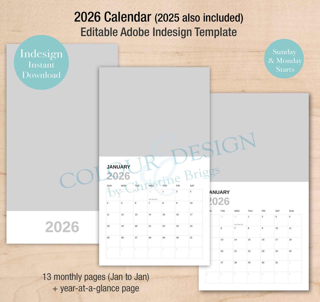 2026 Editable Indesign Wall Calendar Template, Adobe, POD Gooten