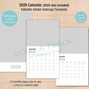 2026 Editable Indesign Wall Calendar Template, Adobe, POD Gooten Calendar Template, Sunday & Monday Start, Print on Demand, DIY Flip Planner