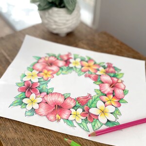 Tropical Flower Wreath Coloring Page, Hawaiian Lei Design (Printable PDF) image 4