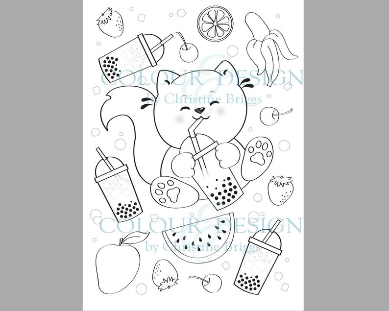 Boba Cat Coloring Page. Kawaii Printable, Bubble Tea Colouring Page