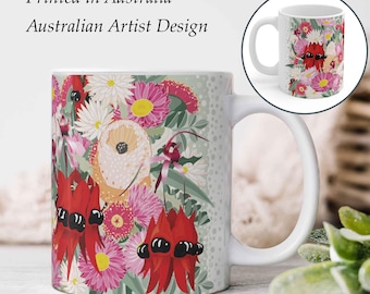 Mug à café en céramique fleurs sauvages : imprimé flore indigène d'Australie