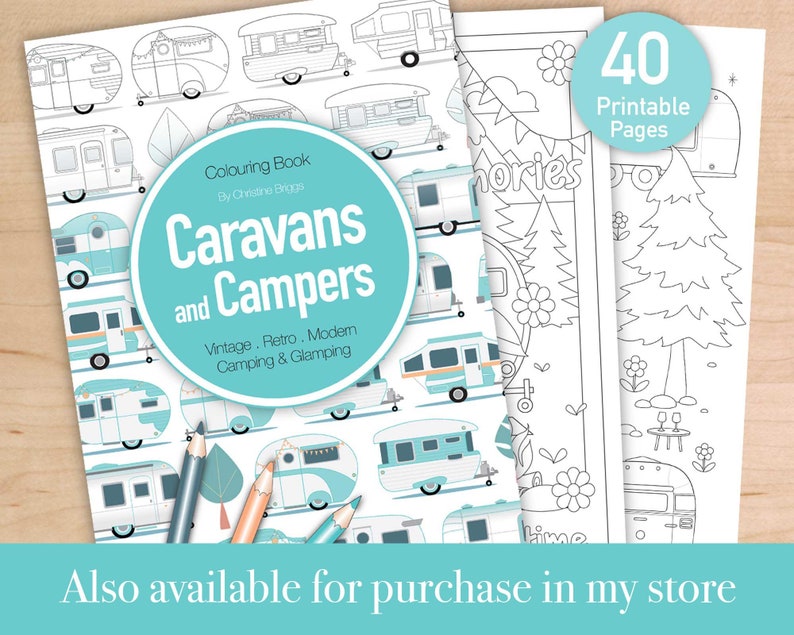 Cute Campers Printable Coloring Page. Camping Adult Coloring Page, Retro RV Caravans, Instant Download PDF, A4 and Letter image 6