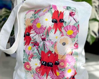 Sac fourre-tout en toile fleurs sauvages : sac shopping à imprimé flore indigène d'Australie
