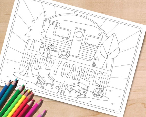 Happy Camper Colouring Page Printable Adult Coloring Page