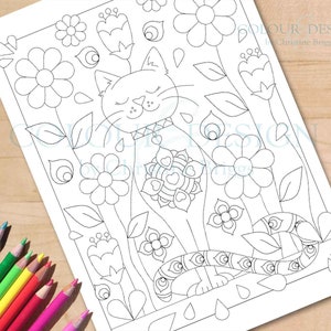 Página para colorear de gato imprimible, página para colorear de arte popular, fácil de descargar para adultos y niños, estampado de flores geométricas, tamaño A4 y carta.