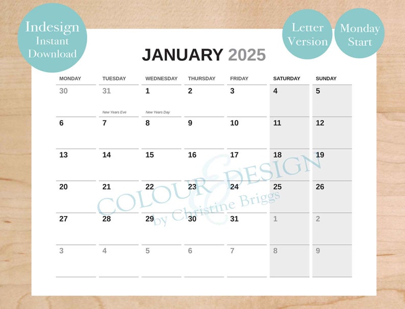 2025 Editable Indesign Calendar Template. Adobe Planner for Graphic