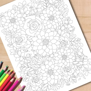 Cat and Flowers Coloring Page, Printable Floral Colouring Page, Roses and Dahlias Art, Instant Download for Adults, Hidden Cat Activity