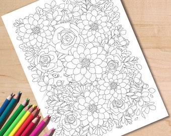 Coloriage à imprimer de fleurs et chats cachés. Coloriage floral à téléchargement immédiat pour adultes