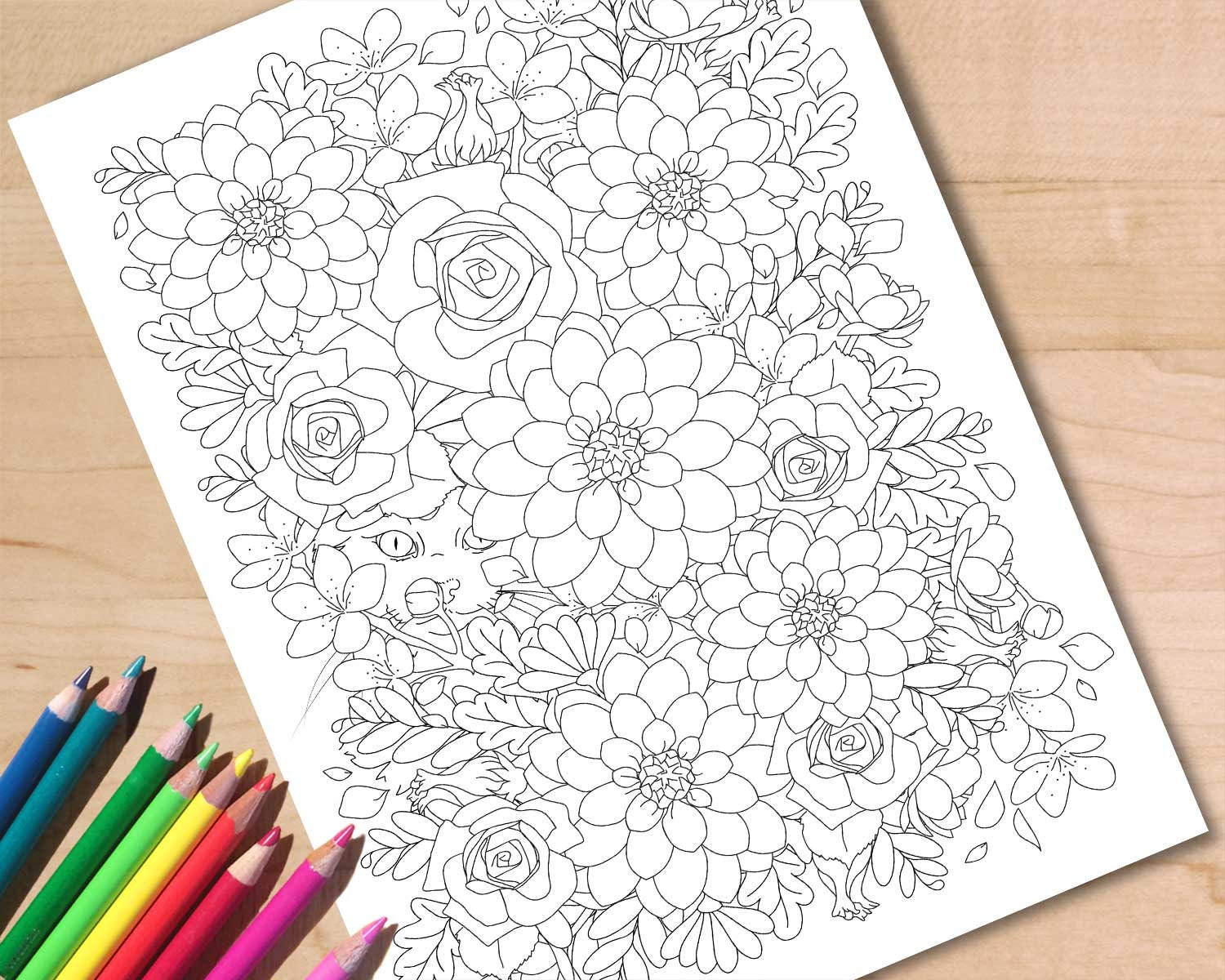 Cat Flowers Coloring Page Cat Colouring Page Flower Coloring | Etsy