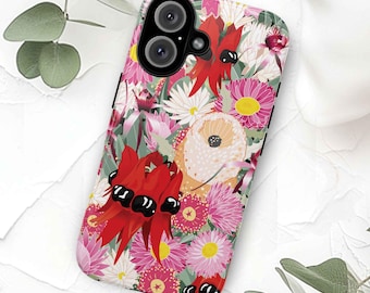 Coque de portable fleurs sauvages australiennes : motif floral rose, résistante aux chocs