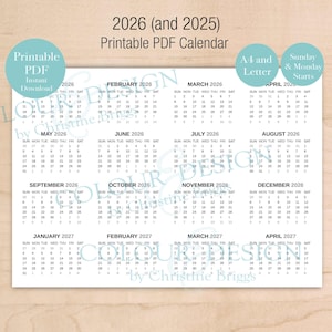 2026 Printable Yearly PDF Calendar, Year at a Glance Page, Home Office Planner, A4 & Letter, Landscape, Sunday Monday Starts, Includes 2025