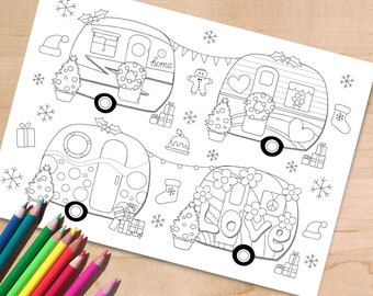 Christmas Campers Coloring Pages - 4 Page Pack, Christmas Camper, Caravan, RV, Happy Camper, Printable Adult Coloring Page