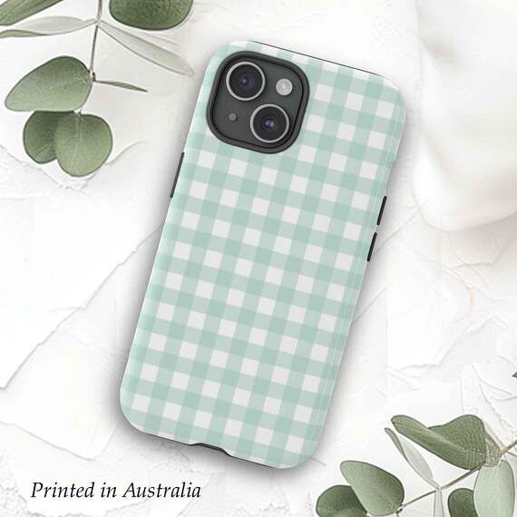 Green Gingham Phone Case, Mint Plaid Print Mobile Cover