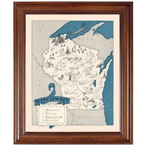 May include: A vintage illustrated map of Wisconsin with a blue outline and a banner that reads "Wisconsin". The map features various illustrations of the state's landmarks, animals, and industries. The cities of Milwaukee, Racine, Madison, and Kenosha are listed in the bottom left corner.