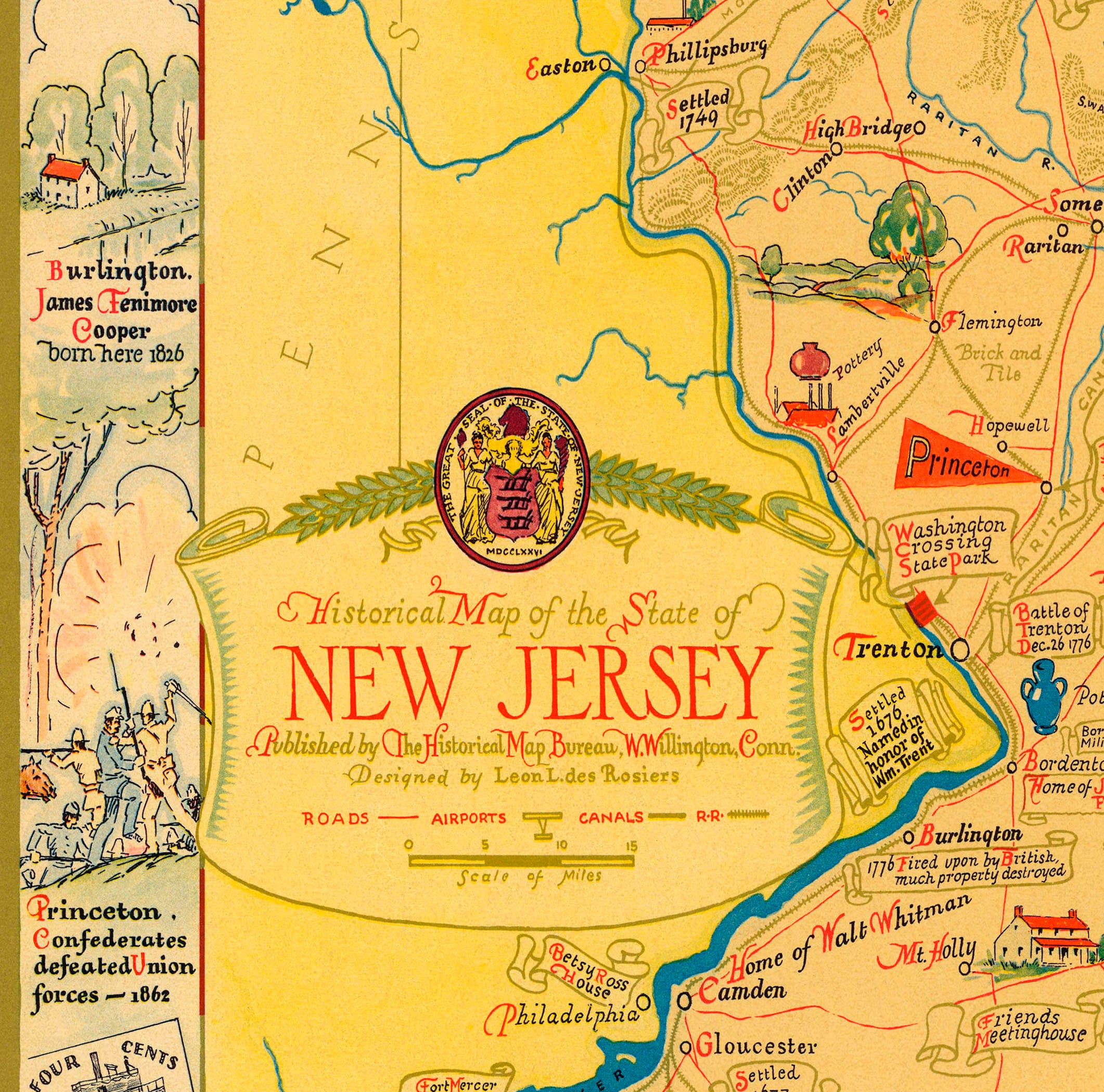 Carte Vintage Du New Jersey 1939 - Reproduction Sur Toile - Déco Murale Ancienne