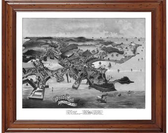 May include: A black and white aerial view map of Woods Hole, Falmouth, Mass. The map shows the town's layout, including streets, buildings, and the harbor. The map is framed in a brown wooden frame.