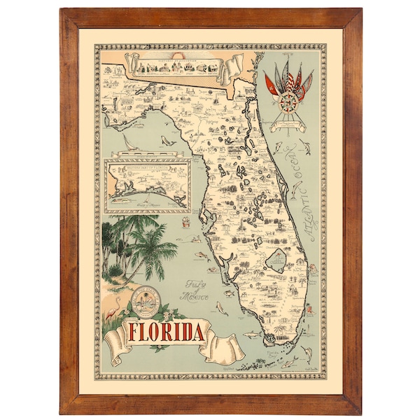 Florida Historical Map 1953; Ready-to-frame 24" x 36" print reproduced from a vintage map (does not include frame)