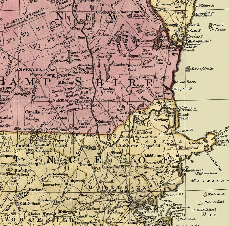 New England c1780; Ready-to-frame 16 x 20 print reproduced from a vintage map does not include frame