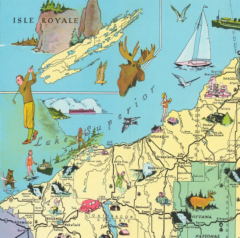 MI Upper Peninsula Map 1935; Ready-to-frame 24" X 36" Print Reproduced ...