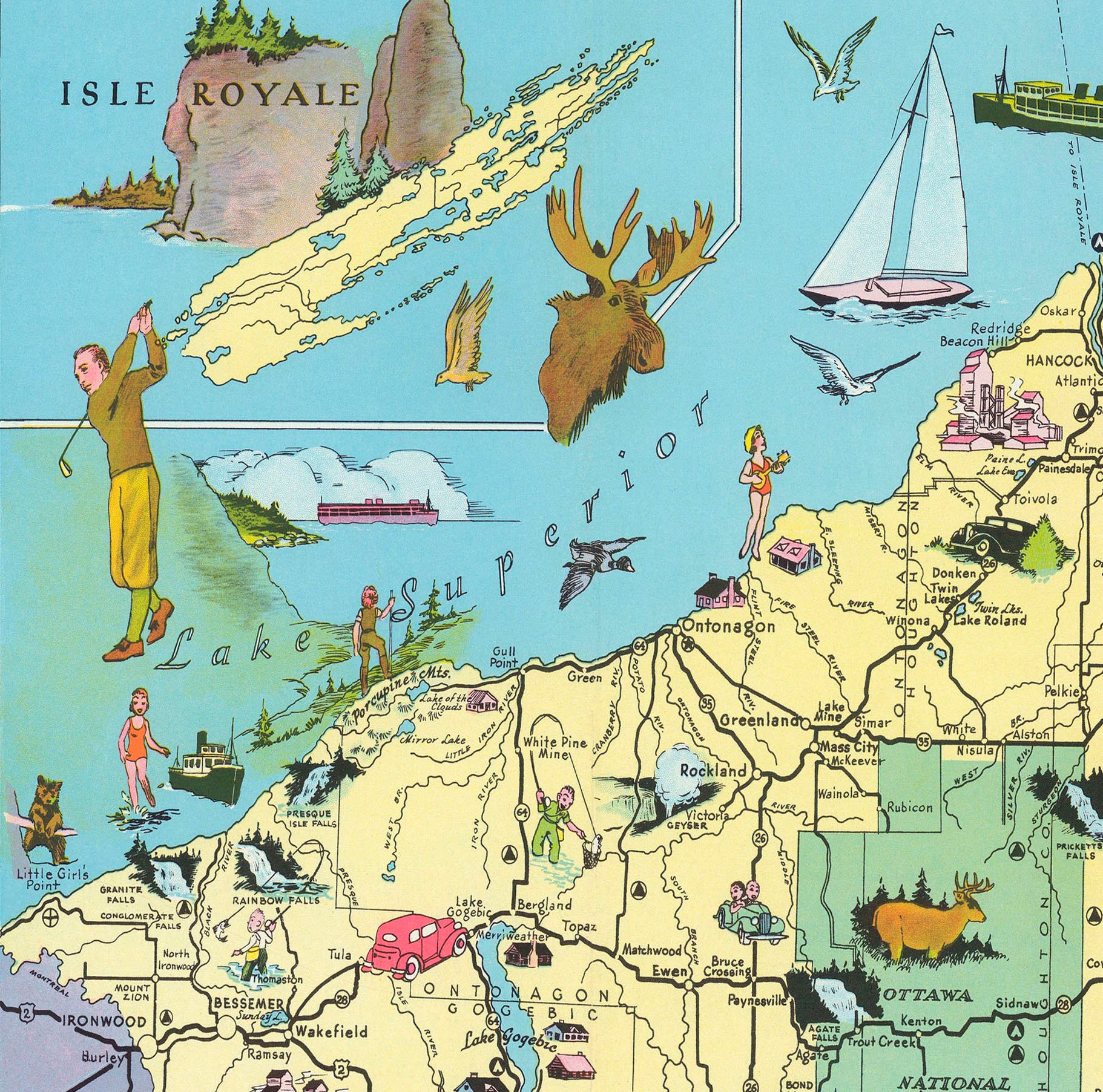 MI Upper Peninsula Map 1935 Readytoframe 24 X 36 Print Reproduced