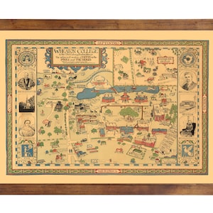 May include: A vintage map of Wheaton College in Norton, Massachusetts. The map shows the location of buildings and landmarks on campus, including the Pines and the Henes. The map is framed in a brown wooden frame.