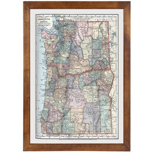 May include: A vintage map of Washington and Oregon, framed in a brown wood frame. The map is divided into counties and shows major cities, rivers, and roads. The map is printed in a variety of colors, including blue, green, yellow, and red.