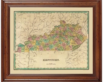 May include: An antique map of Kentucky, printed in black and white with hand-colored details. The map shows the state's counties and rivers. The title "KENTUCKY" is printed in black at the bottom of the map.