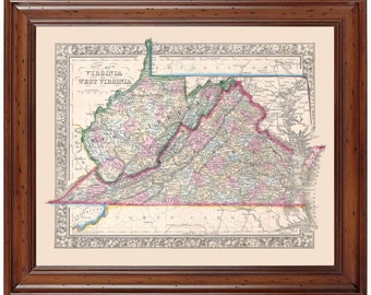May include: An antique map of Virginia and West Virginia, printed in color on paper. The map shows the states' borders, major cities, and rivers. The map is framed in a brown wooden frame.