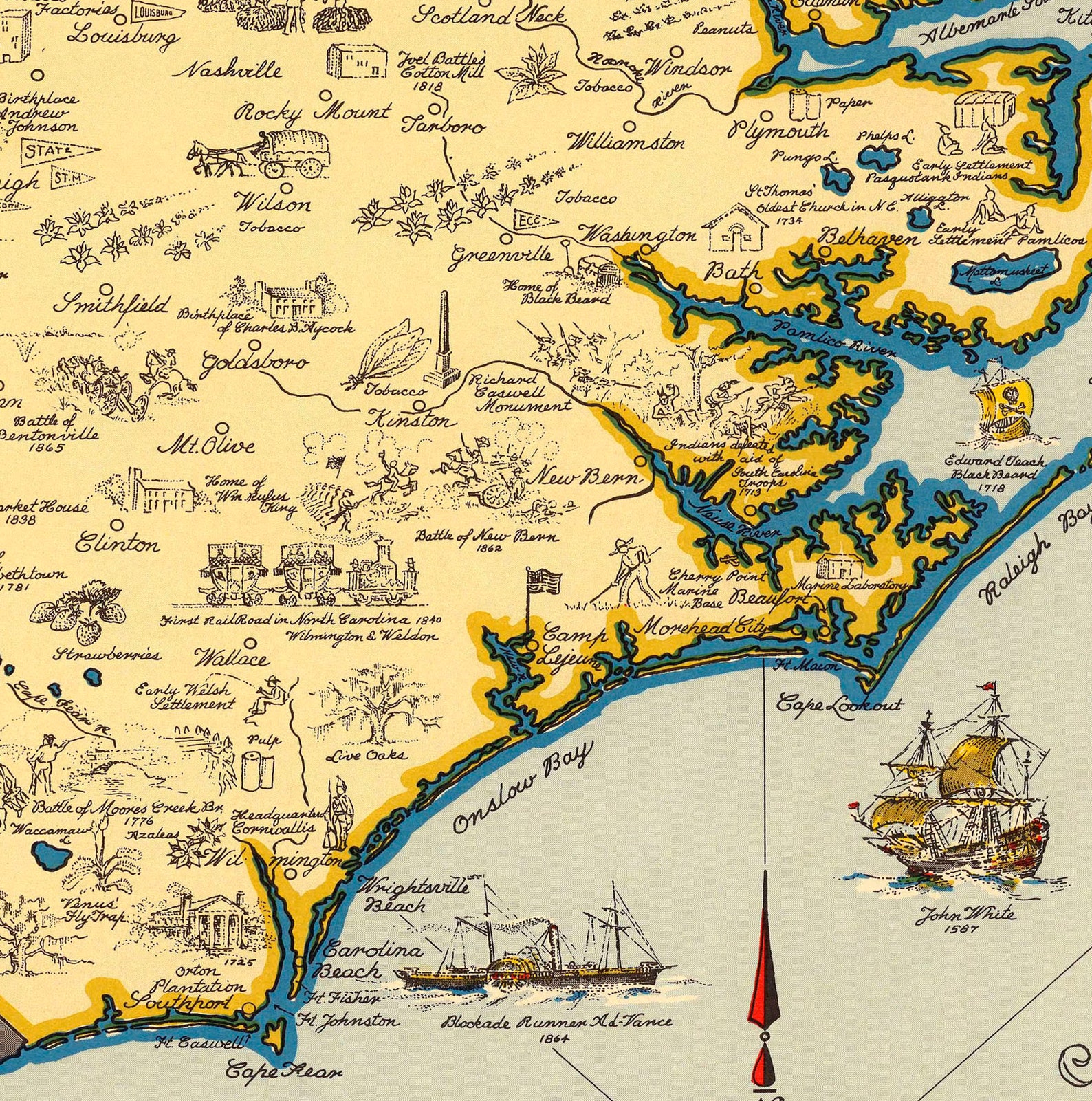 North Carolina Historical Map 1958; Ready-to-frame 24" X 36" Print ...