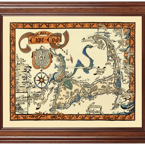 May include: A vintage map of Cape Cod, Massachusetts, with a nautical theme. The map features a compass, ships, and a sea serpent. The map is surrounded by a decorative border.