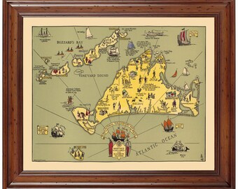 Martha's Vineyard MA Pictorial 1930; Ready-to-frame 18" x 24" print reproduced from a vintage map (does not include frame)