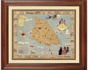 May include: A vintage illustrated map of Mackinac Island, Michigan, with a blue background and a detailed depiction of the island's landmarks, including the Grand Hotel, the Straits of Mackinac, and the Mackinac Bridge. The map is surrounded by a brown wooden frame.