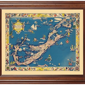 May include: A vintage map of Bermuda Islands with a blue background and colorful illustrations of ships, boats, and sea life. The map includes the text "A Map of Bermuda Islands" and "Atlantic Ocean".