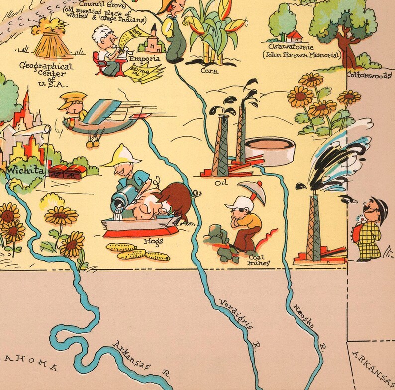 Kansas Pictorial Map 1935; Ready-to-frame 16 x 20 print reproduced from a vintage map does not include frame