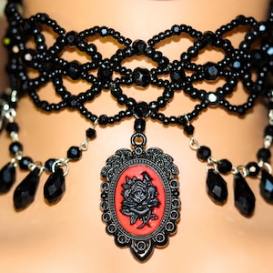 Black Rose Red Cameo Gothic Beaded Choker Necklace