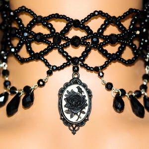 Black Rose Cameo Gothic Beaded Choker Necklace